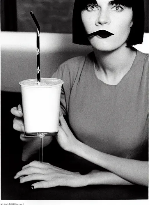 Prompt: a photograph of a woman with large blue eyes, thin nose, red lipstick and black bob with fringe, wearing a white shirt, seated at a table, drinking a milkshake with a straw by Herb Ritts