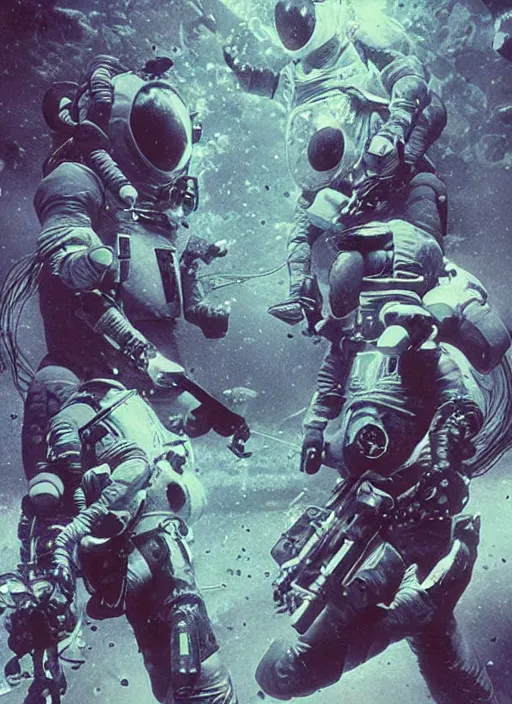 Image similar to polaroid astronauts in dark and empty void underwater - complex and hyperdetailed technical suit. reflection and dispersion materials. rays and dispersion of light. volumetric light. 5 0 mm, f / 3 2. noise film photo. flash photography. ultra realistic, wide angle. poster by wayne barlowe, hajime sorayama aaron horkey, craig mullins