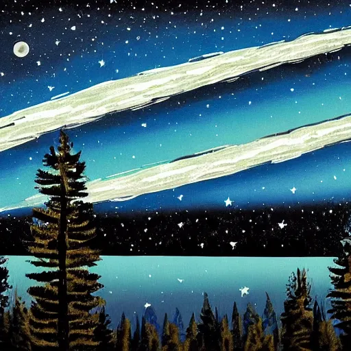 Prompt: a painting of a night sky with stars and trees, poster art by tim biskup, behance contest winner, space art, poster art, wallpaper, digital illustration