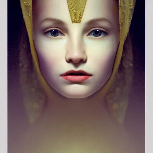 Image similar to !dream a beautiful girl's face made of ivory and gold filigree, ancient film still by edward hopper, by Bosch, by klimt, art noveau, highly detailed, strong lights, liminal, eerie, Bright pastel colors, octane render, 8k,