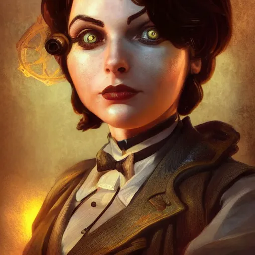 Image similar to Bioshock steampunk portrait, au naturel, hyper detailed, digital art, trending in artstation, cinematic lighting, studio quality, smooth render, unreal engine 5 rendered, octane rendered, art style by klimt and nixeu and ian sprigger and wlop and krenz cushart