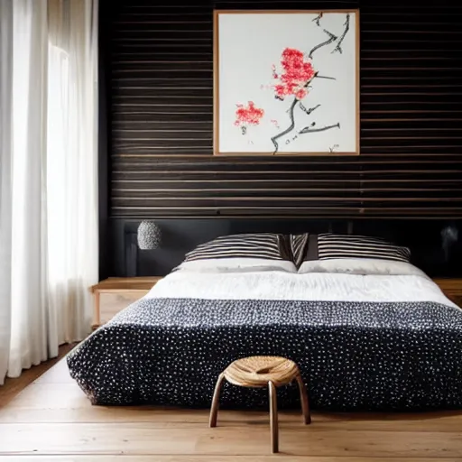 Image similar to bedroom, stone, interior design, stylish luxury hotel bedroom design, yakisugi, black vertical slatted timber, textures, feminine, black walls, art, Japanese pottery vase with flowers, kakejiku, seasonal, Japanese influences