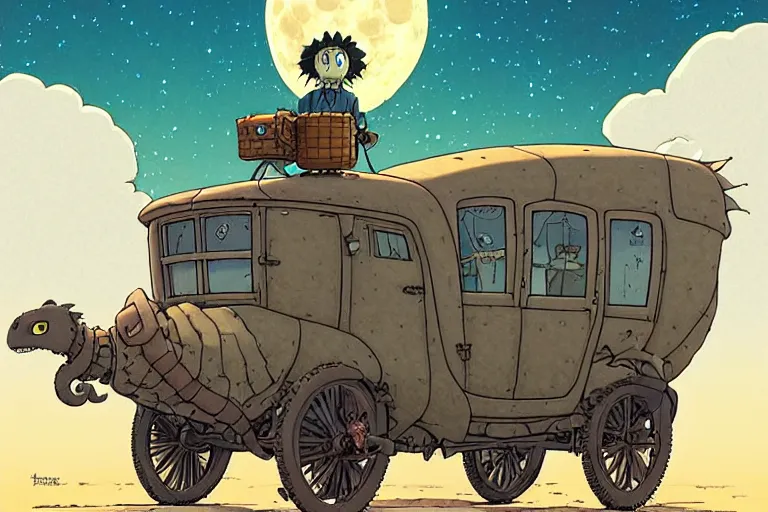 Image similar to a cell shaded cartoon of a lovecraftian turtle stage coach from howl's moving castle ( 2 0 0 4 ), on a desert road, in front of a full moon, full body, wide shot, very muted colors, post grunge, studio ghibli, laurie greasley, highly detailed, deviantart, art by artgem