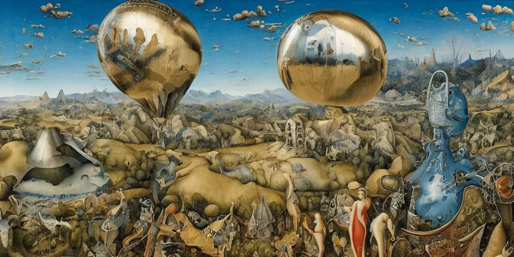 Prompt: a stunningly beautiful hyper-realistic landscape painting by Bosch and Giger and Beardsley under a blue sky with hovering metallic airships and oversized broken dolls