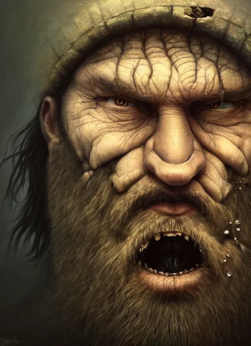 Prompt: gediminas pranckevicius | close up portrait of a monster in the sinister valley of despair, siniter facem beard, rugged face, droping poping eye,, oil painting by tomasz jedruszek, cinematic lighting, pen and ink, intricate line, hd, 4 k, million of likes, trending on artstation pus