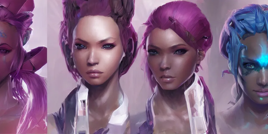 Image similar to concept art of young black female netrunner d & d video game characters head designs, unique hair designs, by marc brunet and artgerm
