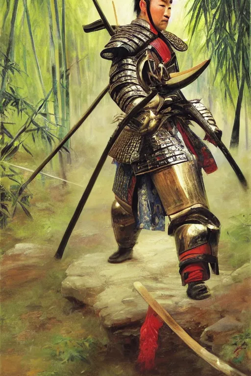 Image similar to close up of samurai warrior in full armor, in a bamboo forest, by vladimir volegov and alexander averin and delphin enjolras and daniel f. gerhartz