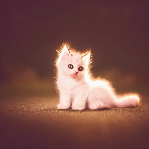 Prompt: Photo of a cute very, very, extra, fluffy kitten playing with bokeh's of light. Whimsical. Magical.