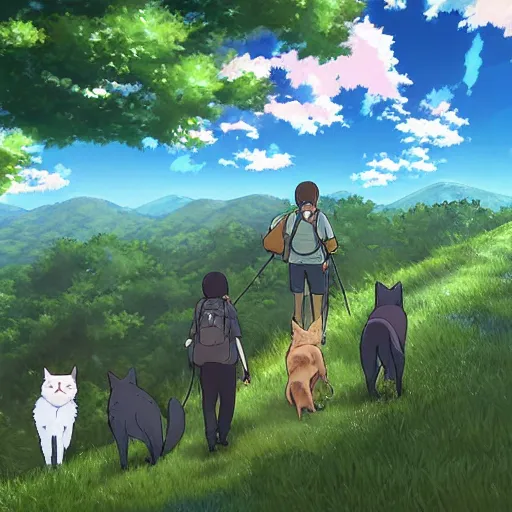 Prompt: multiple cats hiking the Appalachian trail, anime scenery by Makoto Shinkai and ghibli, wholesome digital art