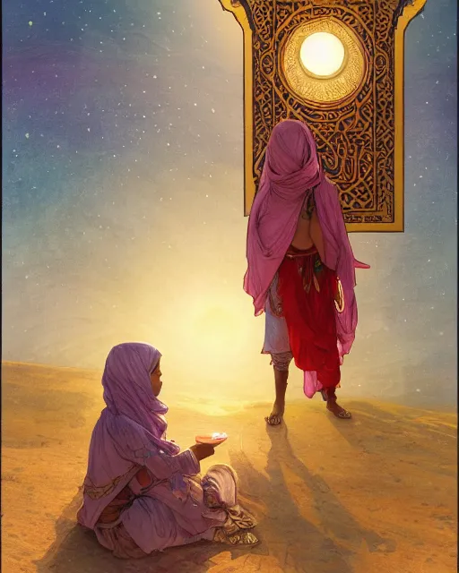 Image similar to a faceless bedouin child infront of a big open quran highly detailed, gold filigree, romantic storybook fantasy, soft cinematic lighting, award, disney concept art watercolor illustration by mandy jurgens and alphonse mucha and alena aenami, pastel color palette, featured on artstation