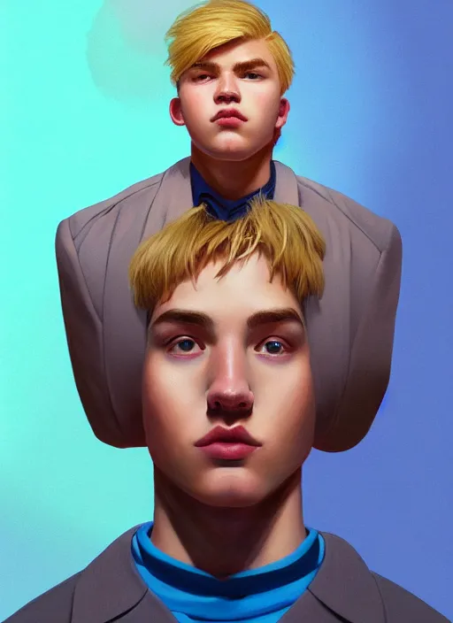 Image similar to portrait of high school senior boy named big moose, blonde short hair, jock, beefy, wide face, square jaw, square facial structure, blue varsity jacket with letter r, intricate, elegant, glowing lights, highly detailed, digital painting, artstation, concept art, sharp focus, illustration, art by wlop, mars ravelo and greg rutkowski