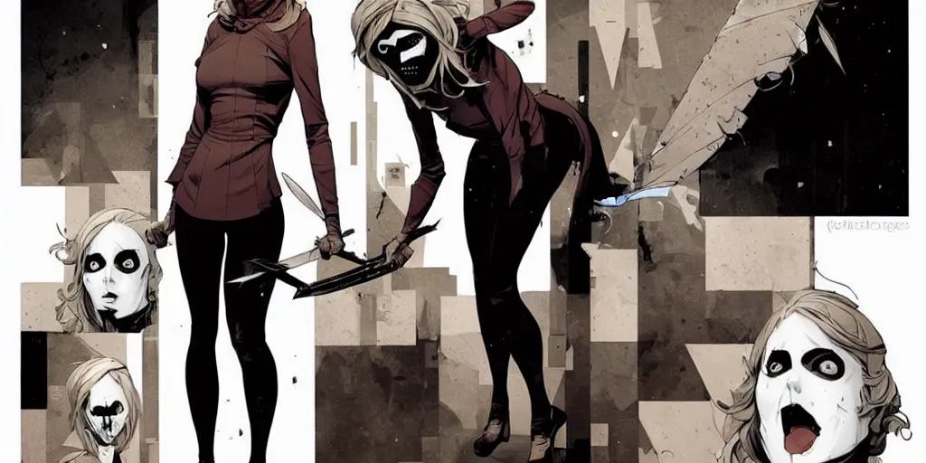 Image similar to style of Jaime McKelvie and Joshua Middleton comic book art, cinematic lighting, realistic, 6 people stabbing and shooting each other, The Purge, fires, bunny mask female villain holding a bloody kitchen knife, standing in an alleyway, full body sarcastic pose, symmetrical, realistic body, knee high socks, night, horror, dark color palette