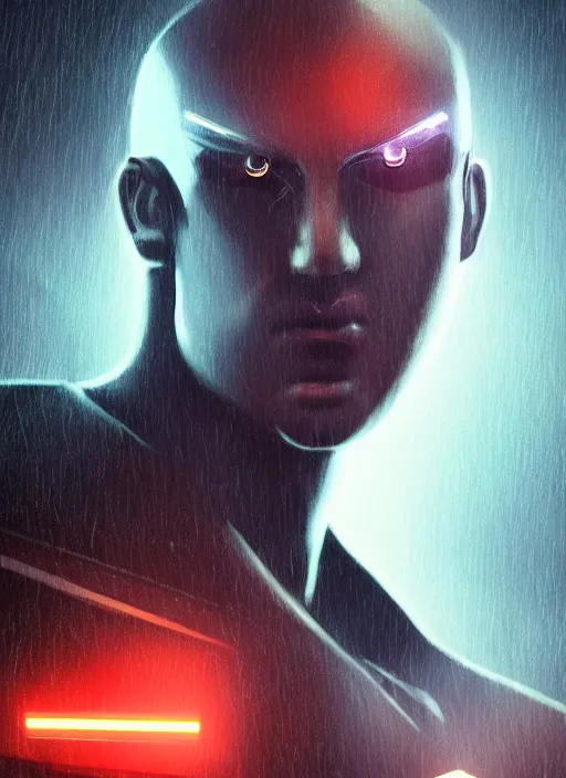 Image similar to bladerunner, cyberpunk, full head, facial portrait of a delicate ceramic mech humanoid robot Spanish ninja looking to the sky with an attractive bald head and handsome features, large glowing eyes, macho, dotado, guapo, reflective surface, overwatch, trending on cgsociety, trending on artstation