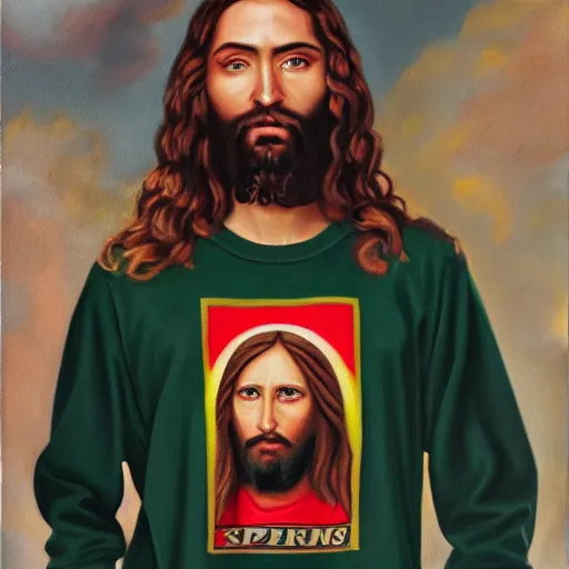 Image similar to an oil painting showing jesus wearing a supreme t - shirt underneath a gucci hoddie, 4 k, highly detailed