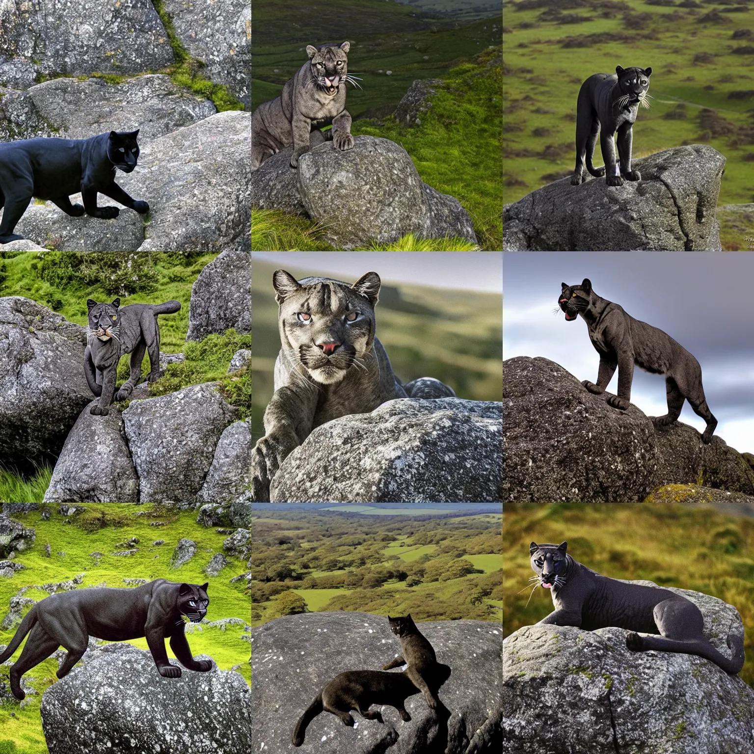 Prompt: a panther on a granite rock outcrop in dartmoor national park, on a dark!!!!!!!!! night!!!!!!!!!!