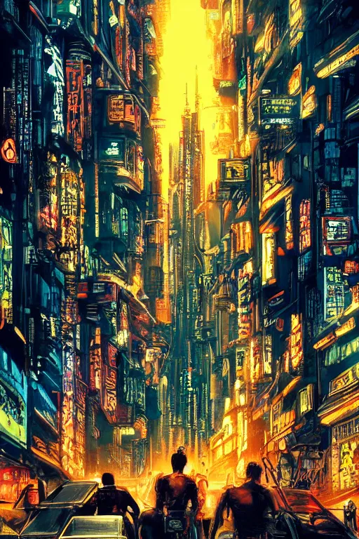 Image similar to movie poster for randypunk, intricate cyberpunk city, orange overlooking city, street gang, dramatic lighting, epic composition, bladerunner, tatsuki fujimoto