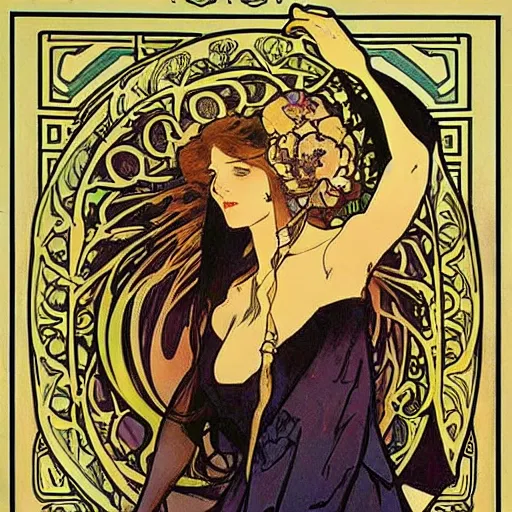 Image similar to a beautiful female necromancer surrounded by skulls by Alphonse Mucha