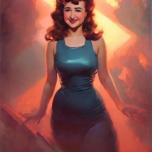 Image similar to Portrait of Milana Vayntrub as the heroine of a 1950s sci-fi movie poster art by Ruan Jia and Mandy Jurgens and Artgerm and william-adolphe bouguerea, highly detailed, trending on artstation, award winning,