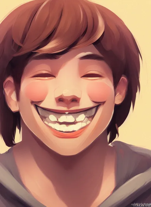 Prompt: young man with a big smile, prominent big eyes, round portruding chin, plump lips, brown flowers, standout colours, sharp, highly detailed, simple lines, digital painting, artstation, concept art, matte, sharp focus, illustration, anime moe artstyle