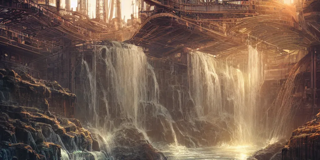 Image similar to beautiful pool waterfalls surrounded by alien robots, steel archways, industrial buildings, rusty metal towers, sun setting, ross tran, fantasy, james jean, peter morbacher, angelarium, alchemy, luxury, heavenly light, soft illumination, trending on artstation, cinematic lighting, digital painting, octane render, artgerm