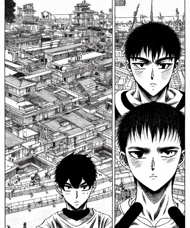 Prompt: A manga about a young shaved-headed scarred athlete. Sharp high quality manga, fine details, straight lines, architecture in the background, masterpiece, highly detailed drawing by Q Hayashida, Kentaro Miura