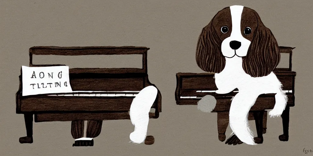 Image similar to cute a brown and white Spaniel playing a grand piano, illustration, b&w, fantasy