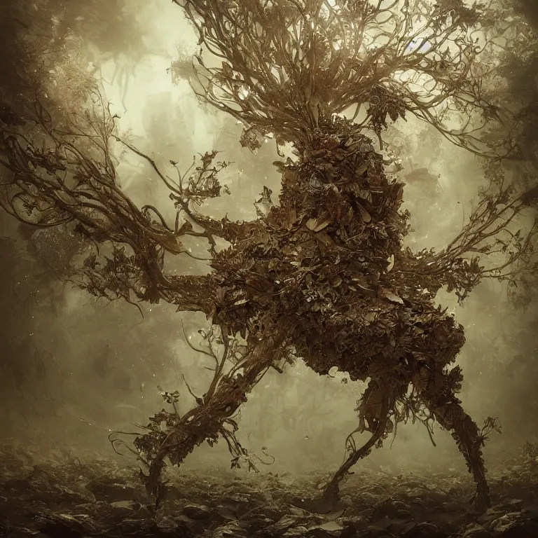 Prompt: lomography shot of a collage of a realistic cataphract tree made of leaves, headdress, depth of field, underwater, dusty old ferrotype, dramatic light, dystopian environment, intricate, highly detailed, artstation, sharp focus, artgerm, tomasz alen kopera, peter mohrbacher, donato giancola, boris vallejo