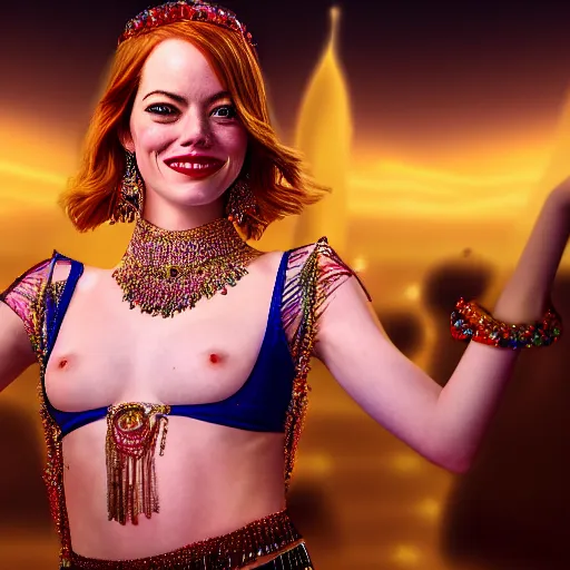 Image similar to a beautiful portrait of emma stone as a belly dancer, arabian night, high quality, fully detailed, 4 k