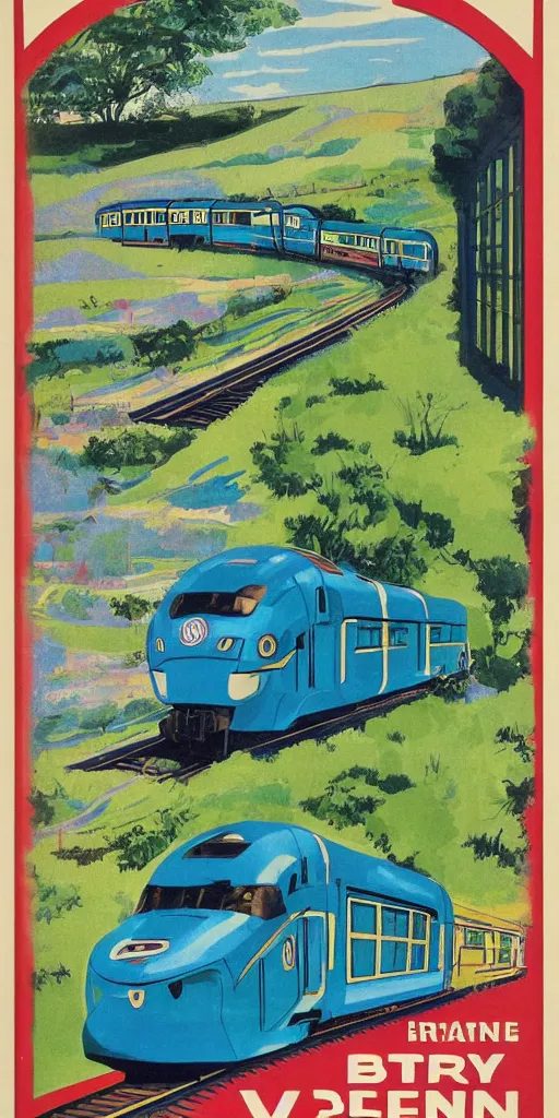 Image similar to blue and green train in the country, vintage retro poster,