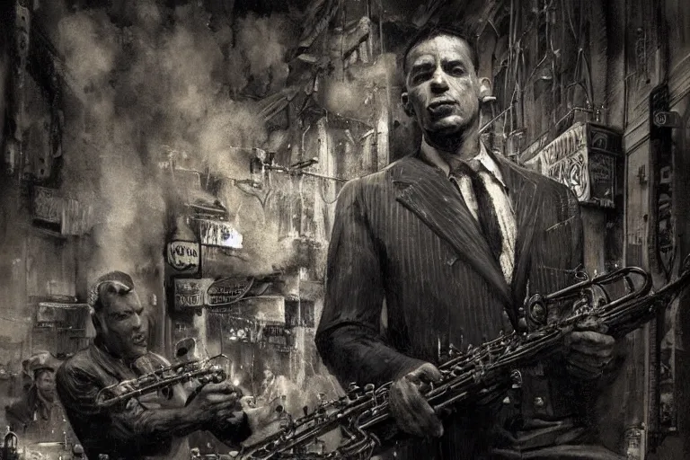 Image similar to A smoky jazz cafe Mafia: Definitive Edition loading screen, upper body, highly detailed, intricate, sharp details, dystopian mood, 1950 character portrait by gaston bussiere, craig mullins, somber lighting, drawn by Giacomo Burattini, inspired by graphic novel cover art