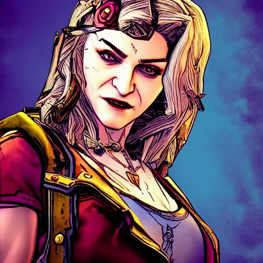 Image similar to madonna portrait, borderlands, tales from the borderlands, the wolf among us, comic, cinematic lighting, studio quality, 8 k