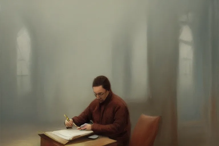 Image similar to a painting of a man writing in a large tome in a foggy room by jama jurabaev, cinematic shot, trending on artstation, high quality, ultra realistic, blue color theme