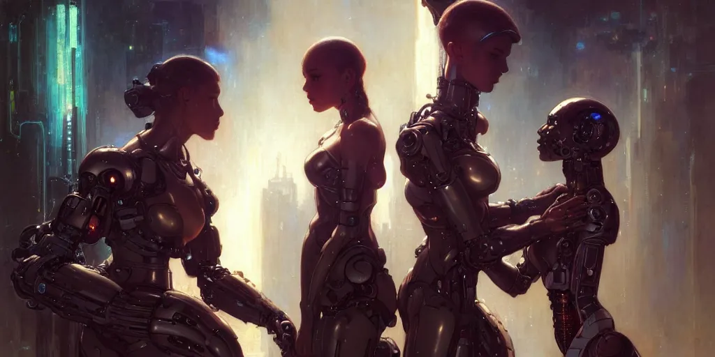 Image similar to male cyborg proposing to female android, by gaston bussiere, anna nikonova aka newmilky, greg rutkowski, yoji shinkawa, yoshitaka amano, tsutomu nihei, muira, moebius, donato giancola, trending on artstation, featured on pixiv h - 1 0 2 4