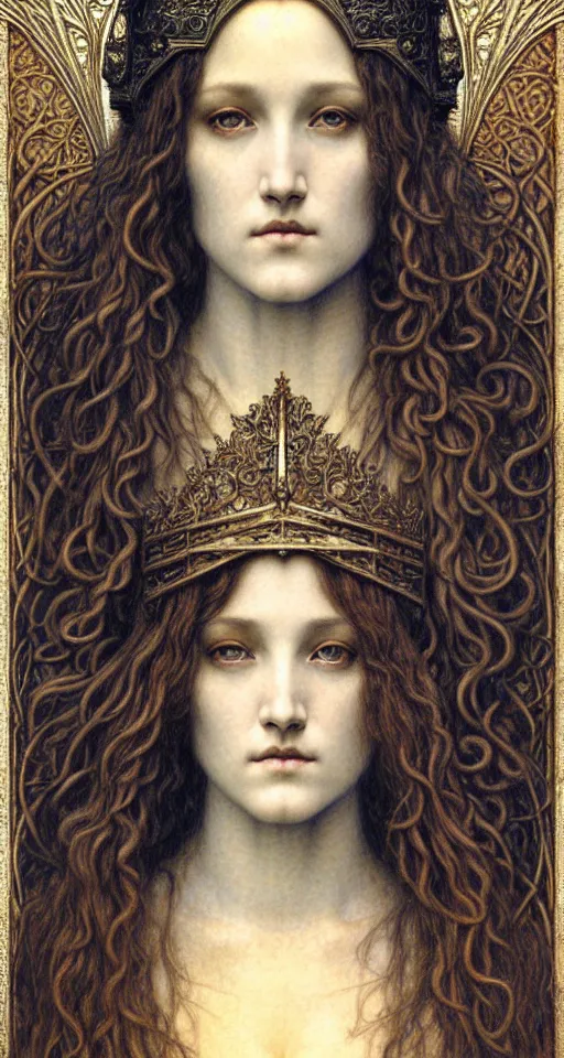 Image similar to detailed realistic beautiful young medieval queen face portrait by jean delville, gustave dore and marco mazzoni, art nouveau, symbolist, visionary, gothic, pre - raphaelite. horizontal symmetry