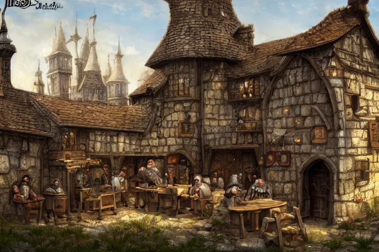 Image similar to A tiny medieval tavern viewed from the outside, texture, intricate, details, highly detailed, masterpiece, architecture, building, trending on artstation, focus, sharp focus, concept art, digital painting, fantasy, sunny, day, midday