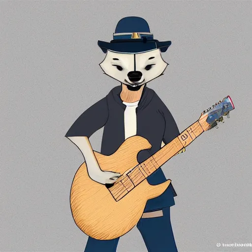 Prompt: masculine shiba inu man, anthropomorphic, Anthro, furry, plays guitar, Artstation