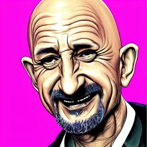 Prompt: ben kingsley is an ice cream ball in an ice cream cone. caricature, colorful ink, by artgerm