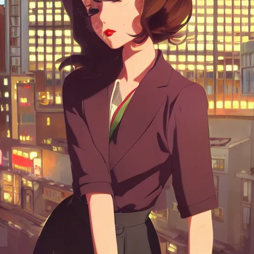 Prompt: portrait of a beautiful girl with dark hair dressed in 1950's fashion, city background, rich vivid colors, ambient lighting, dynamic lighting, 4k, HQ, official media, anime key visual, makoto shinkai, ilya kuvshinov, lois van baarle, rossdraws, detailed, trending on artstation