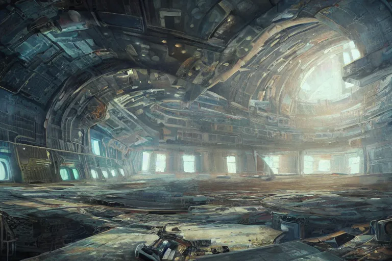 Image similar to A beautiful painting of inside in abandoned rusty space station from kindzadza, Trending on artstation.