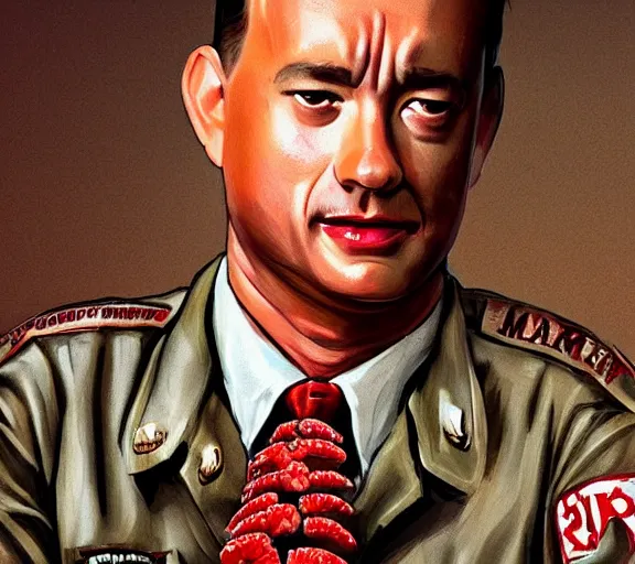 Image similar to Tom hanks as forrest gump wearing a necklace made out of shrimps around the neck, realistic face, digital art, in the style of Marek Okon, amazing detail, artstation, long shot