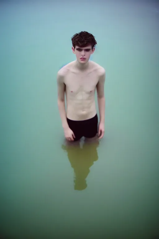 Image similar to high quality pastel coloured film mid angle docu photograph of a beautiful young 2 0 year old male, soft features, short black hair, wearing clothing, falling in an icelandic black rock pool environment. atmospheric. three point light. photographic. art directed. ( pastel colours ). volumetric light. clearcoat. waves glitch. 8 k. filmic.