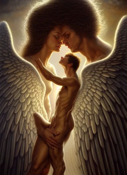 Image similar to man kissing an angel, fine art, intricate, elegant, highly detailed, realistic hair, centered, digital painting, art station, conceptual art, soft, sharp focus, illustration, artwork, artgerm, tomasz alen kopera, peter mohrbacher, donato giancola, wlop, boris vallejo