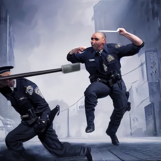 Image similar to a police officer throwing toilet paper and plunger for a baton, ultra realistic, concept art, intricate details, highly detailed, photorealistic, octane render, 8 k, unreal engine, art by frank frazetta, simon bisley, brom