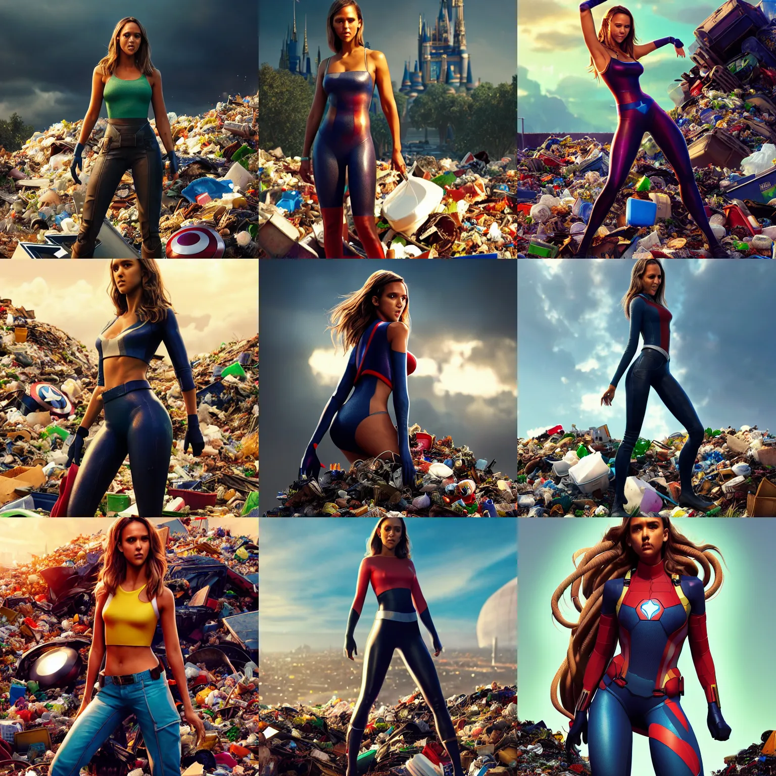 Prompt: jessica alba as marvel hero trashgirl standing on top of a epic pile of trash : : octane render, artstation, weta, pixar, disney, soft, decadent, lustrous, alluring, polished : : ground - level pov