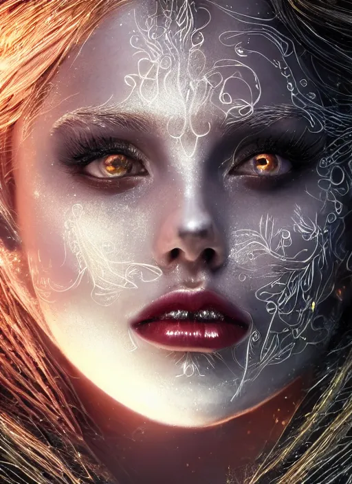 Image similar to glowing silver and golden elements, full close-up portrait, dark witch from shutterstock, book cover, green forest, white moon, red lips, establishing shot, extremly high detail, photo-realistic, cinematic lighting, pen and ink, intricate line drawings, by Yoshitaka Amano, Ruan Jia, Kentaro Miura, Artgerm, post processed, concept art, artstation, matte painting, style by eddie, raphael lacoste, alex ross