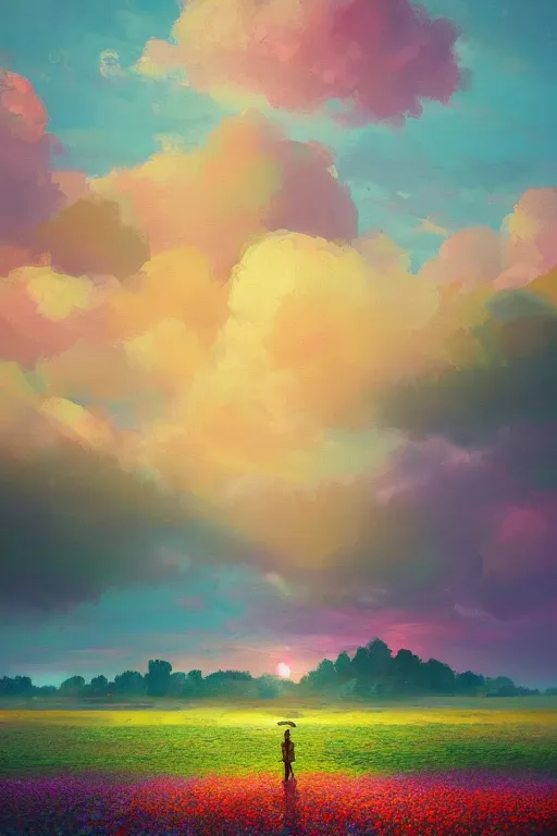 Prompt: giant perfume bottle in flower field, surreal photography, sunrise, dramatic light, impressionist painting, colorful clouds, digital painting, artstation, simon stalenhag