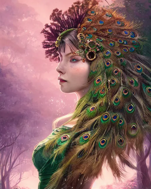 Prompt: Woman peacock head wearing noble dress, looking majestic in forest, portrait, magic the gathering artwork, D&D, fantasy, cinematic lighting, centered, symmetrical, highly detailed, digital painting, artstation, concept art, smooth, sharp focus, illustration, volumetric lighting, epic Composition, 8k, art by Akihiko Yoshida and Greg Rutkowski and Craig Mullins, oil painting, cgsociety