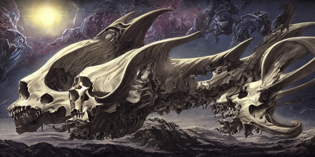 Image similar to cinematic shot of a sci-fi spaceship in the shape of a demonic goat skull, Dan Seagrave art