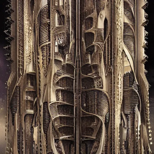 Image similar to highly advanced futurescape, intricate, high detailed, superstructures, elegant architecture, 8k, 144mm full shot, cinematic :: H.R. Giger ::