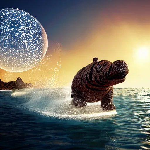 Image similar to a closeup photorealistic photograph of a cute smiling knitted tiger hippopotamus chasing a beachball at sunset. surf in the background. professional capture. this 4 k hd image is trending on artstation, featured on behance, well - rendered, extra crisp, features intricate detail, epic composition and the style of unreal engine.